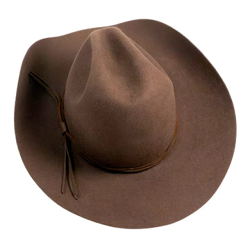 A brown felt cowboy hat with a matching brown chin strap, shown from a top-down angle on a plain white background.