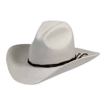 A white felt cowboy hat with a dark brown braided band and tie, shown on a plain white background.