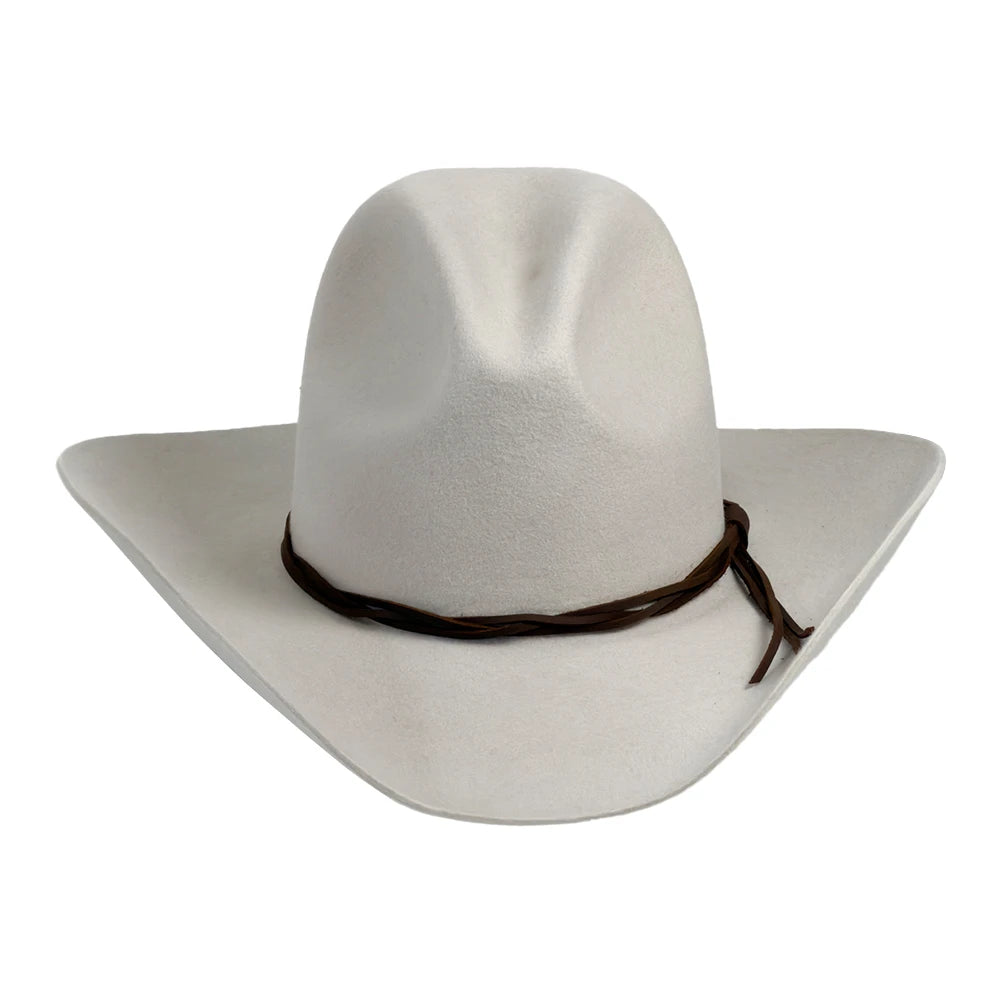 A white felt cowboy hat with a dark brown band around the crown, shown against a plain white background.