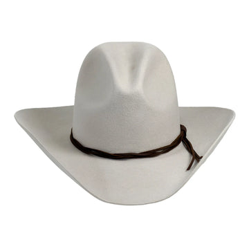 A white felt cowboy hat with a dark brown band around the crown, shown against a plain white background.