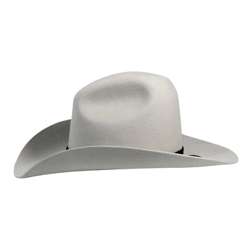 A light gray felt cowboy hat with a wide brim and a pinched crown, shown from a side profile on a solid white background.