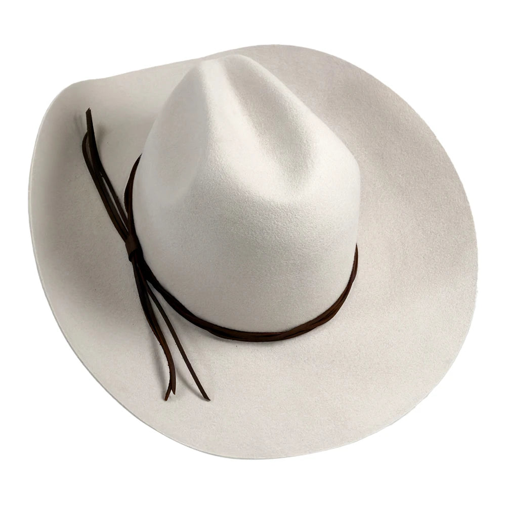 A white felt cowboy hat with a dark brown band and tie, shown from a top-down view on a white background.