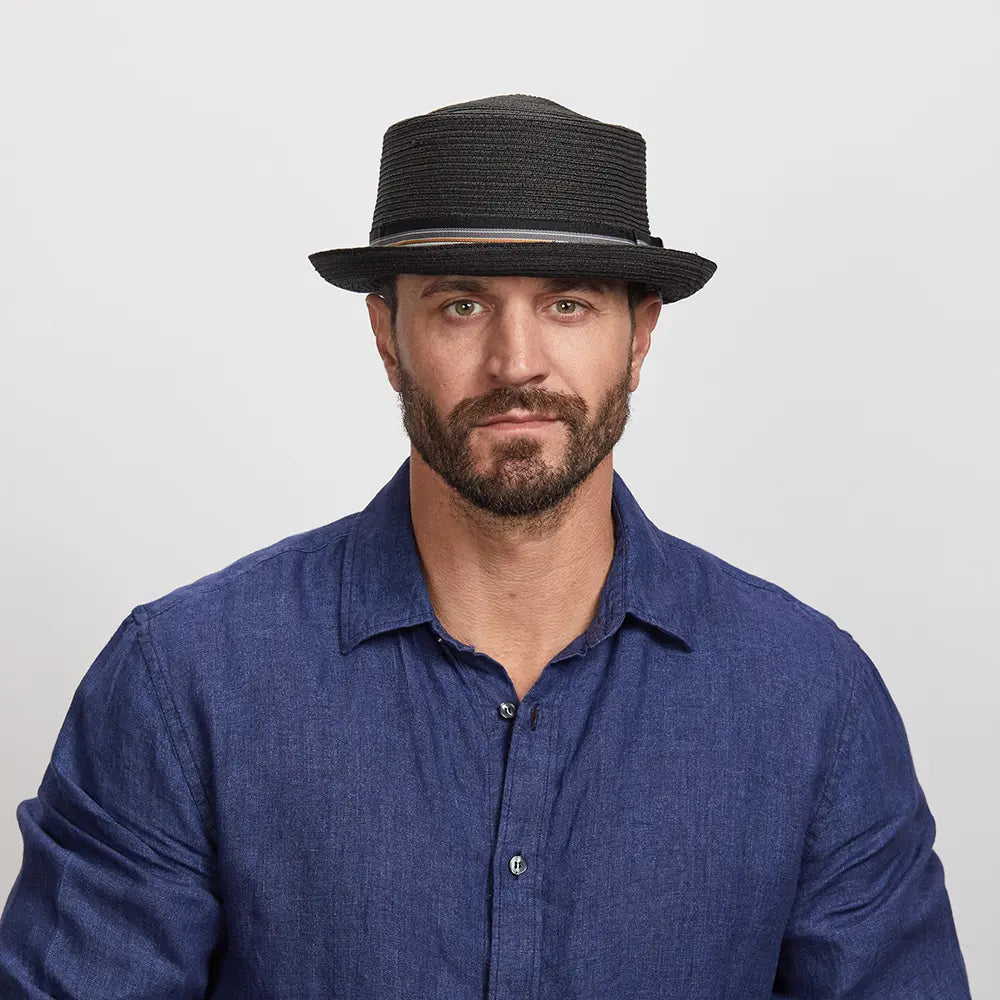 Detroit | Mens Black Fedora Straw Pork Pie Hat
