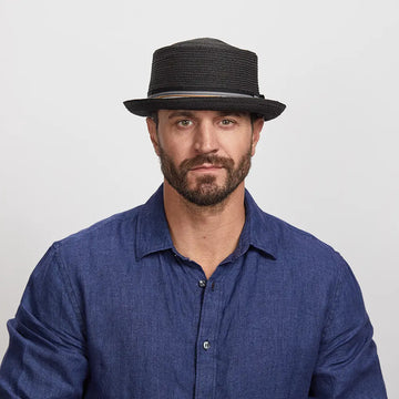 Detroit | Mens Black Fedora Straw Pork Pie Hat