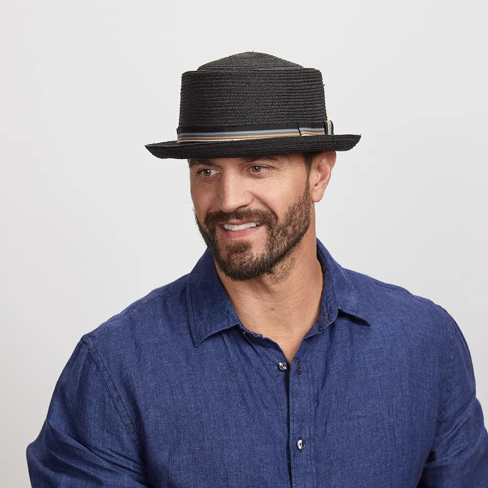 Detroit | Mens Black Fedora Straw Pork Pie Hat