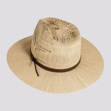 Dover | Womens Tan Bangora Straw Flat Brim Pinch Front Sun Hat
