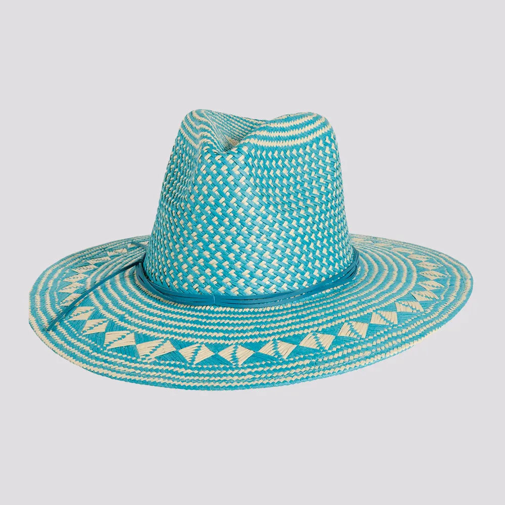 Teal straw hat with decorative band on a light gray background