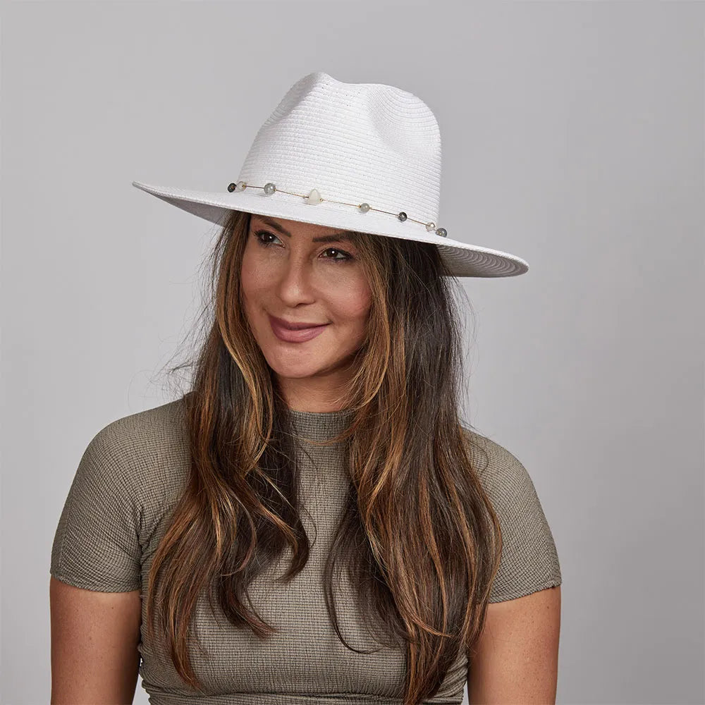 Jewel | Womens White Sun Hat with Bead Trim