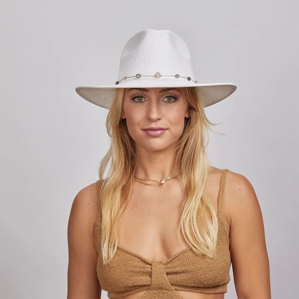 Jewel | Womens White Sun Hat with Bead Trim