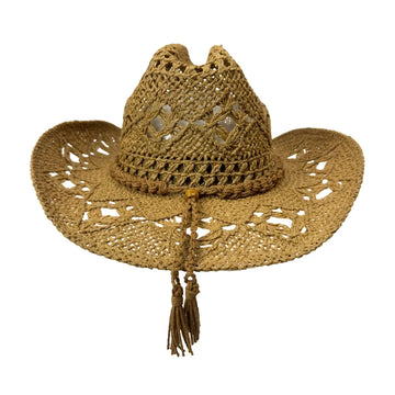 A woven straw cowboy hat with a crocheted lace crown, wide brim, and hanging tassels, shown against a plain white background.