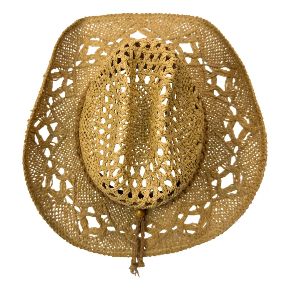 A natural straw cowboy hat with an intricate openwork crochet pattern on the crown and brim, featuring a small tassel detail at the bottom of the crown, shown against a plain white background.
