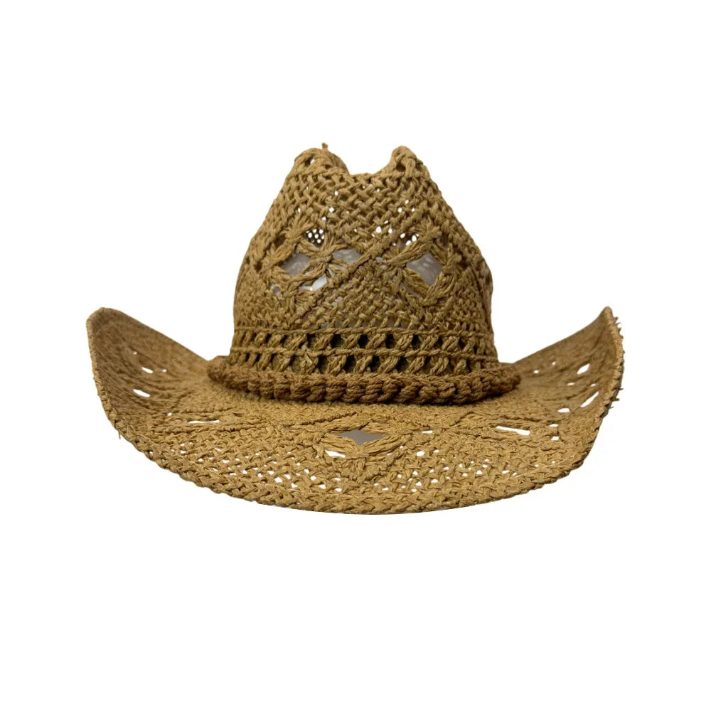 A woven straw cowboy hat with a crocheted lace-like crown and a wide brim, shown against a plain white background.