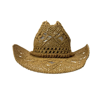 A woven straw cowboy hat with a crocheted lace-like crown and a wide brim, shown against a plain white background.