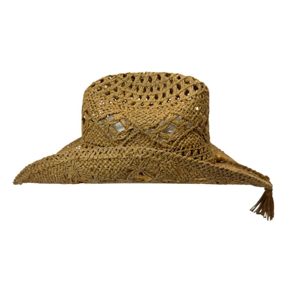A woven straw cowboy hat in a natural tan color, featuring a wide brim, an open-lattice crown, and a decorative tassel on the side, set against a plain white background.