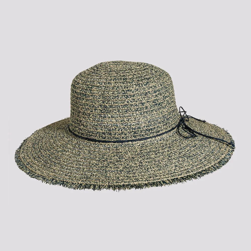 Joy | Womens Navy Sewn Paper Braid Sun Hat with Fringe Edge
