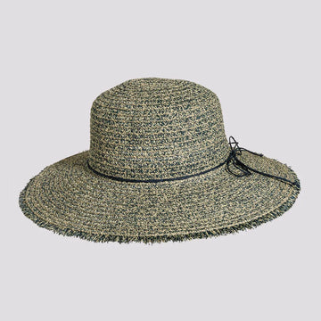 Joy | Womens Navy Sewn Paper Braid Sun Hat with Fringe Edge