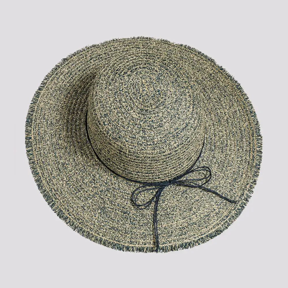 Joy | Womens Navy Sewn Paper Braid Sun Hat with Fringe Edge
