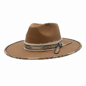 Lakota | Womens Fawn Wool Felt Rancher Fedora Hat with Tribal Trim