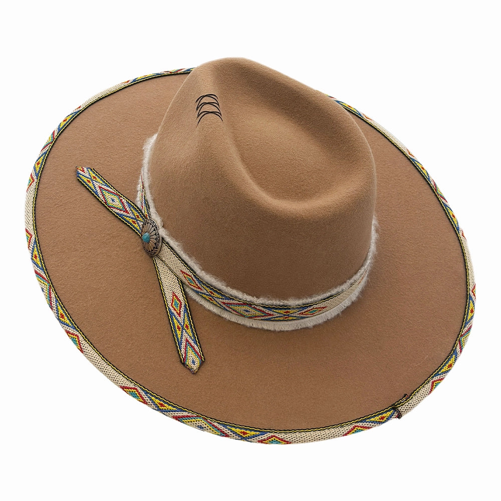 Lakota | Womens Fawn Wool Felt Rancher Fedora Hat with Tribal Trim