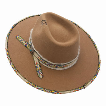 Lakota | Womens Fawn Wool Felt Rancher Fedora Hat with Tribal Trim