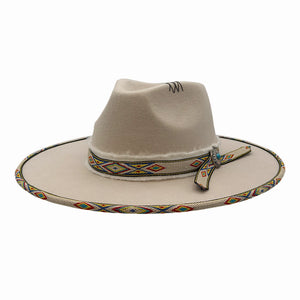 Lakota | Womens Silver Wool Felt Rancher Fedora Hat with Tribal Trim