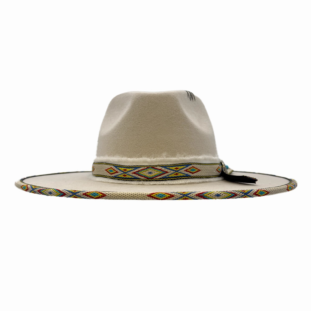 Lakota | Womens Silver Wool Felt Rancher Fedora Hat with Tribal Trim
