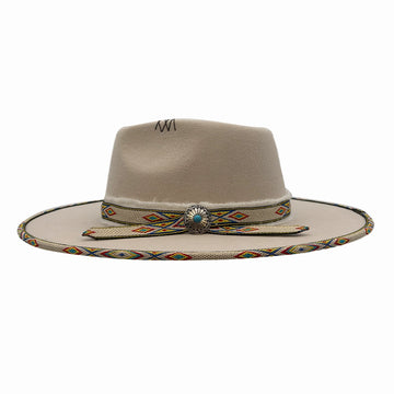 Lakota | Womens Silver Wool Felt Rancher Fedora Hat with Tribal Trim