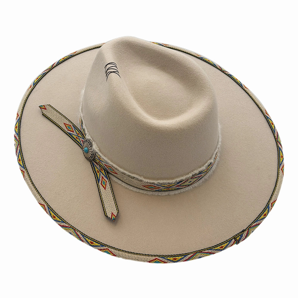 Lakota | Womens Silver Wool Felt Rancher Fedora Hat with Tribal Trim