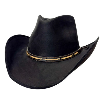 A black cowboy hat with a decorative tan and black band around the crown, shown on a plain white background.