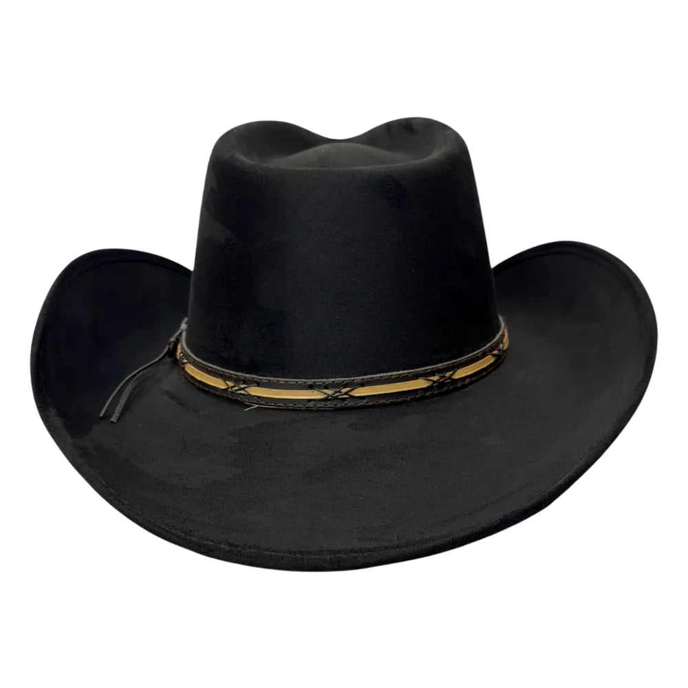 A black cowboy hat with a wide brim and a decorative band featuring a tan center stripe and black western-style stitching, shown against a plain white background.