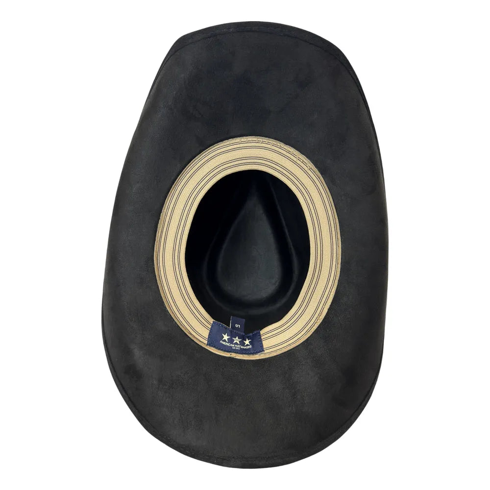 Black felt cowboy hat viewed from the inside, showing a beige striped inner band and a small navy blue brand tag with white lettering.