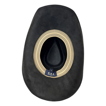 Black felt cowboy hat viewed from the inside, showing a beige striped inner band and a small navy blue brand tag with white lettering.