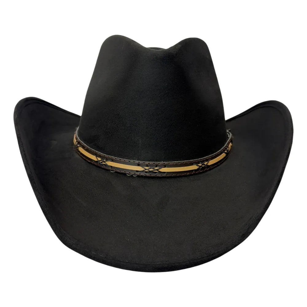 A black cowboy hat with a tan and black braided band around the crown, shown against a plain white background.