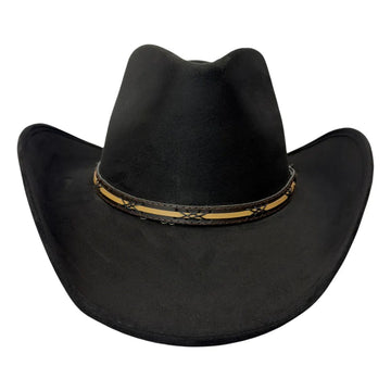 A black cowboy hat with a tan and black braided band around the crown, shown against a plain white background.