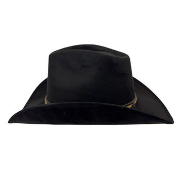 A black cowboy hat with a subtle gold band detail around the crown, shown from a front-facing perspective on a solid white background.