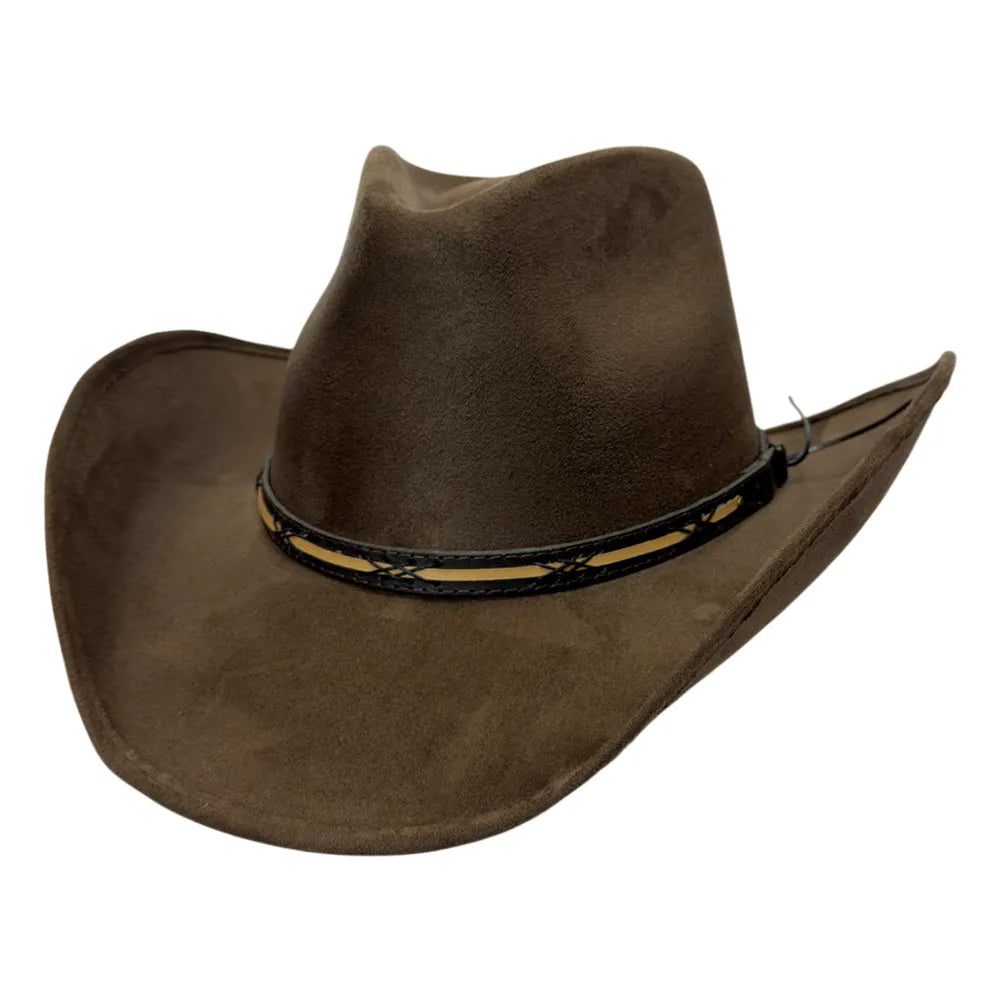 A brown cowboy hat with a black and tan decorative band, shown on a plain white background.