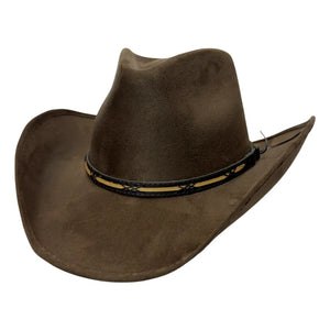 A brown cowboy hat with a black and tan decorative band, shown on a plain white background.
