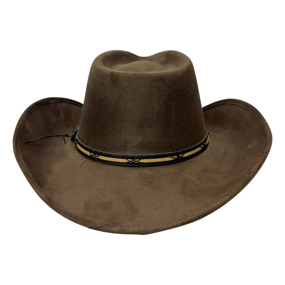 A brown cowboy hat with a black and tan band around the crown, shown against a plain white background.