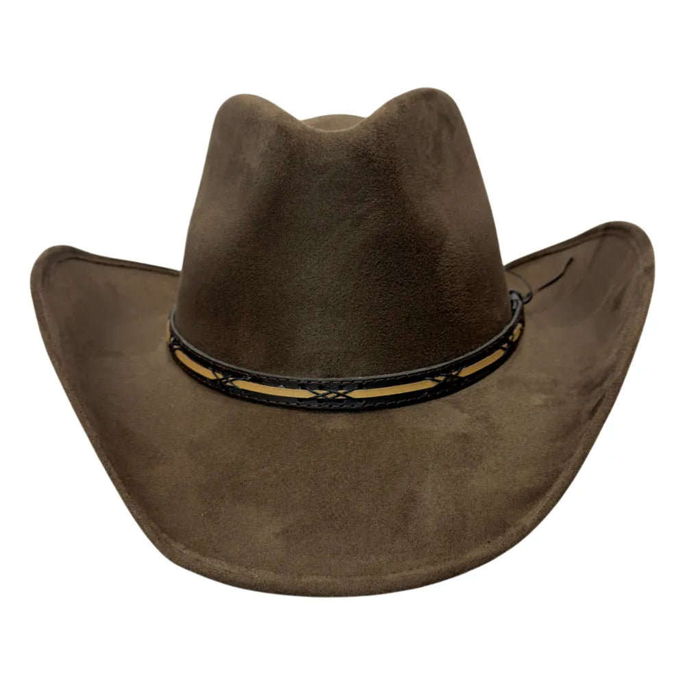 A brown cowboy hat made of suede-like material, featuring a black braided band with a tan western pattern, shown against a plain white background.