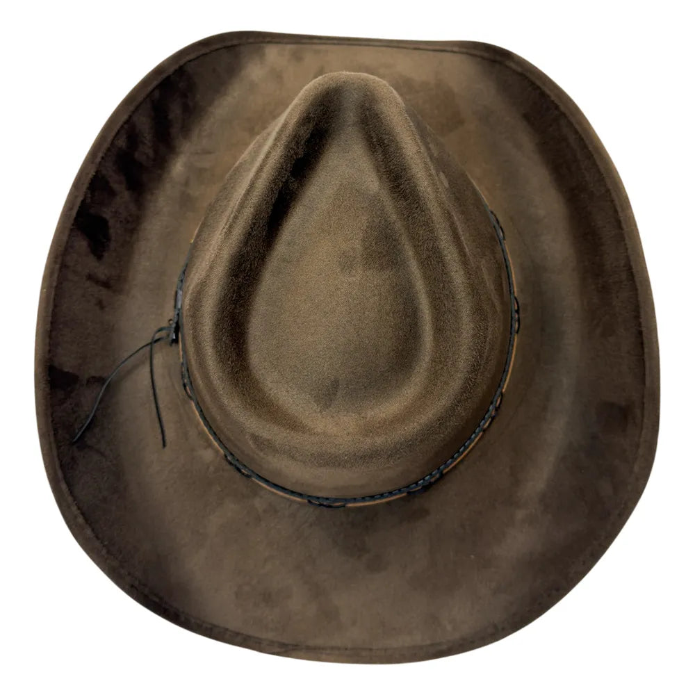 A brown cowboy hat with a wide brim and a dark braided band, shown from a top-down view on a white background.