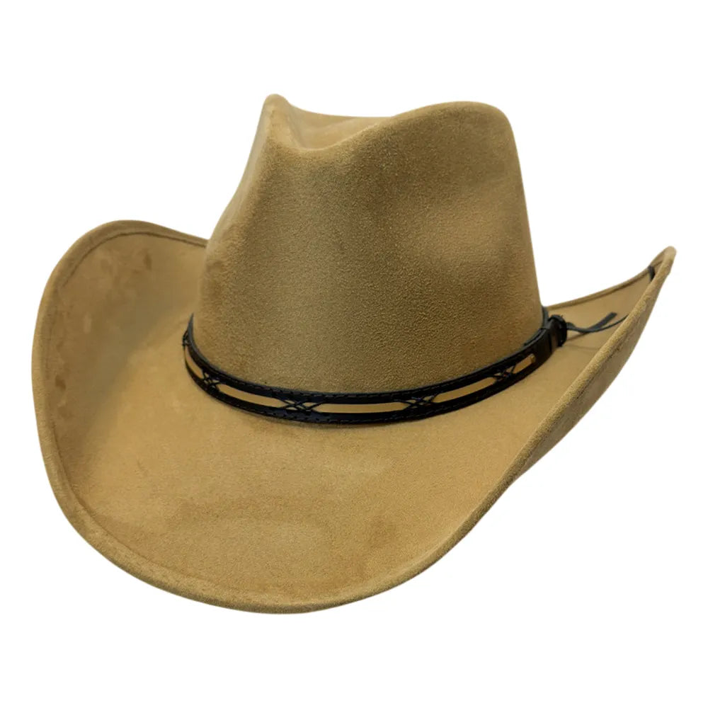 A tan cowboy hat made of suede or similar textured fabric, featuring a black braided band around the crown.