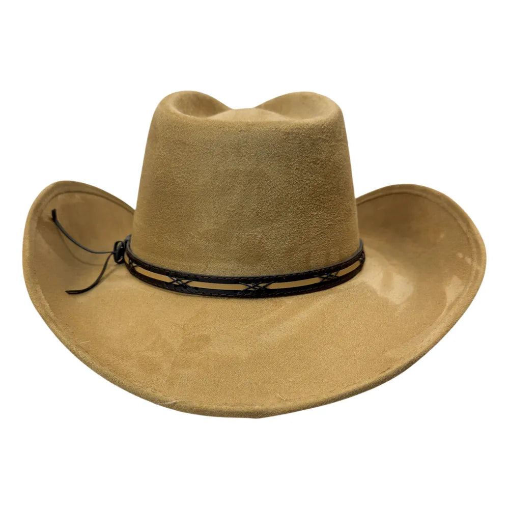A tan cowboy hat with a black braided band around the crown, shown against a plain white background.