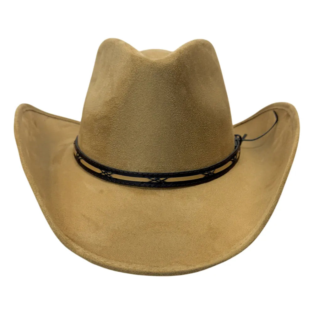 A tan cowboy hat made of suede-like material, featuring a black decorative band with star details around the crown, set against a plain white background.