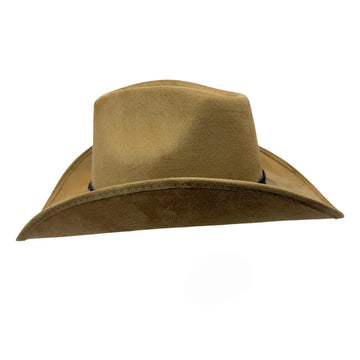 A classic cowboy hat in a warm tan or camel brown color, shown from the side against a plain white background.