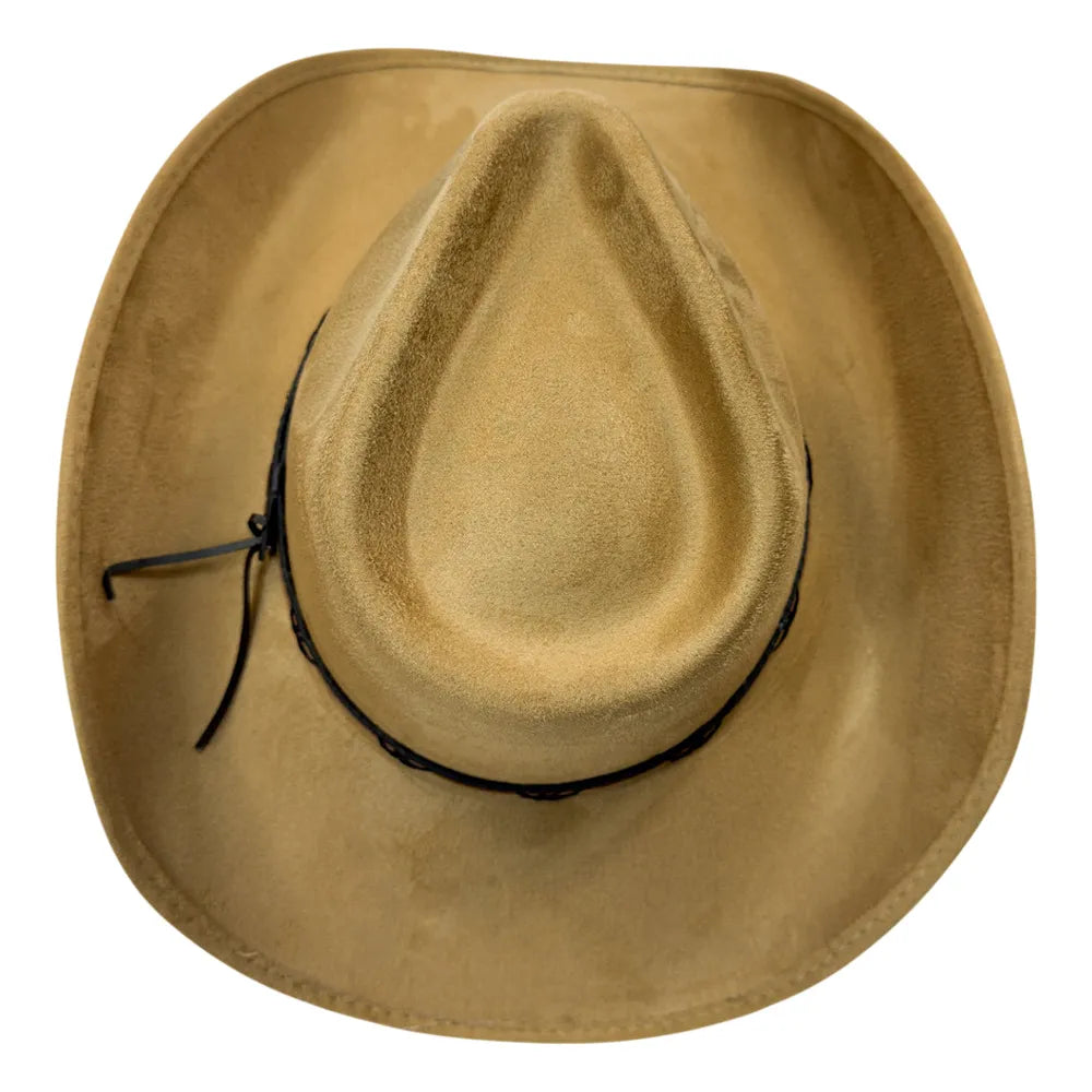 A tan cowboy hat made of suede or nubuck material, featuring a black braided rope band around the crown and a black hanging chin strap, shown from a top-down view on a white background.