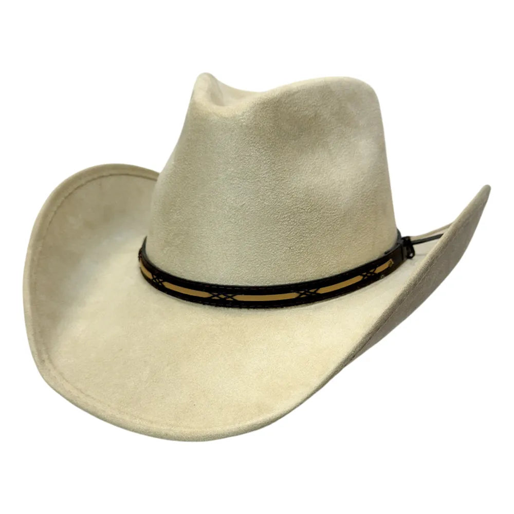 A light beige cowboy hat made of suede or nubuck, featuring a black band with gold braided details around the crown, set against a plain white background.