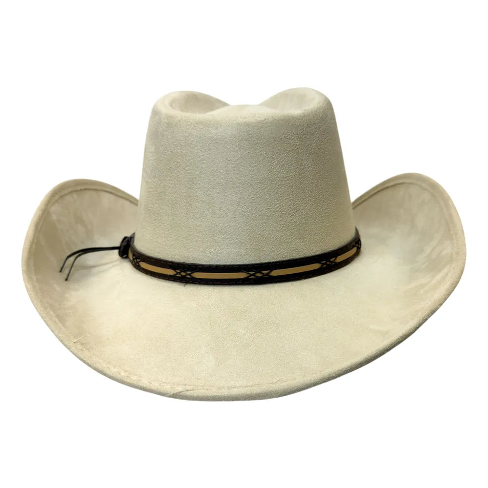 A cream-colored felt cowboy hat with a black and tan patterned band, shown against a plain white background.