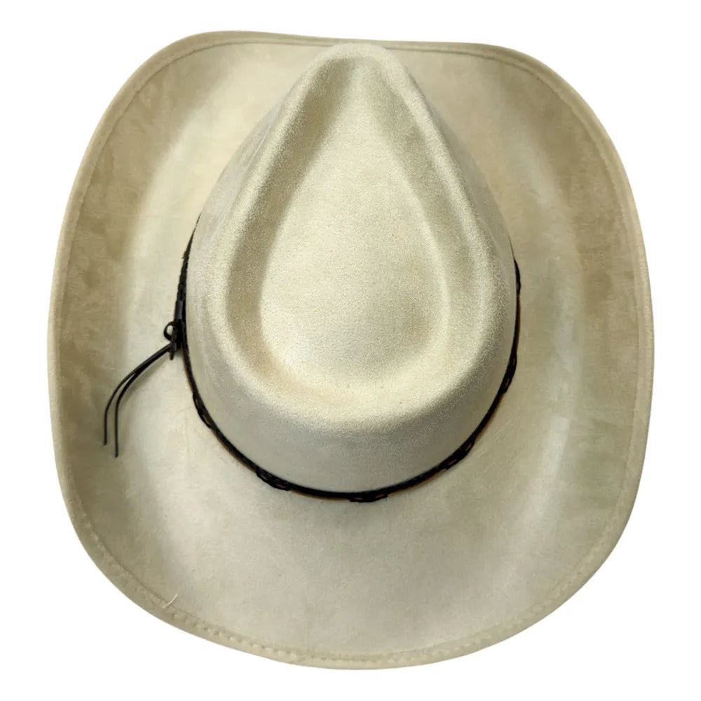 A light beige wide-brimmed cowboy hat with a black rope detail around the crown, shown from a top-down view on a white background.