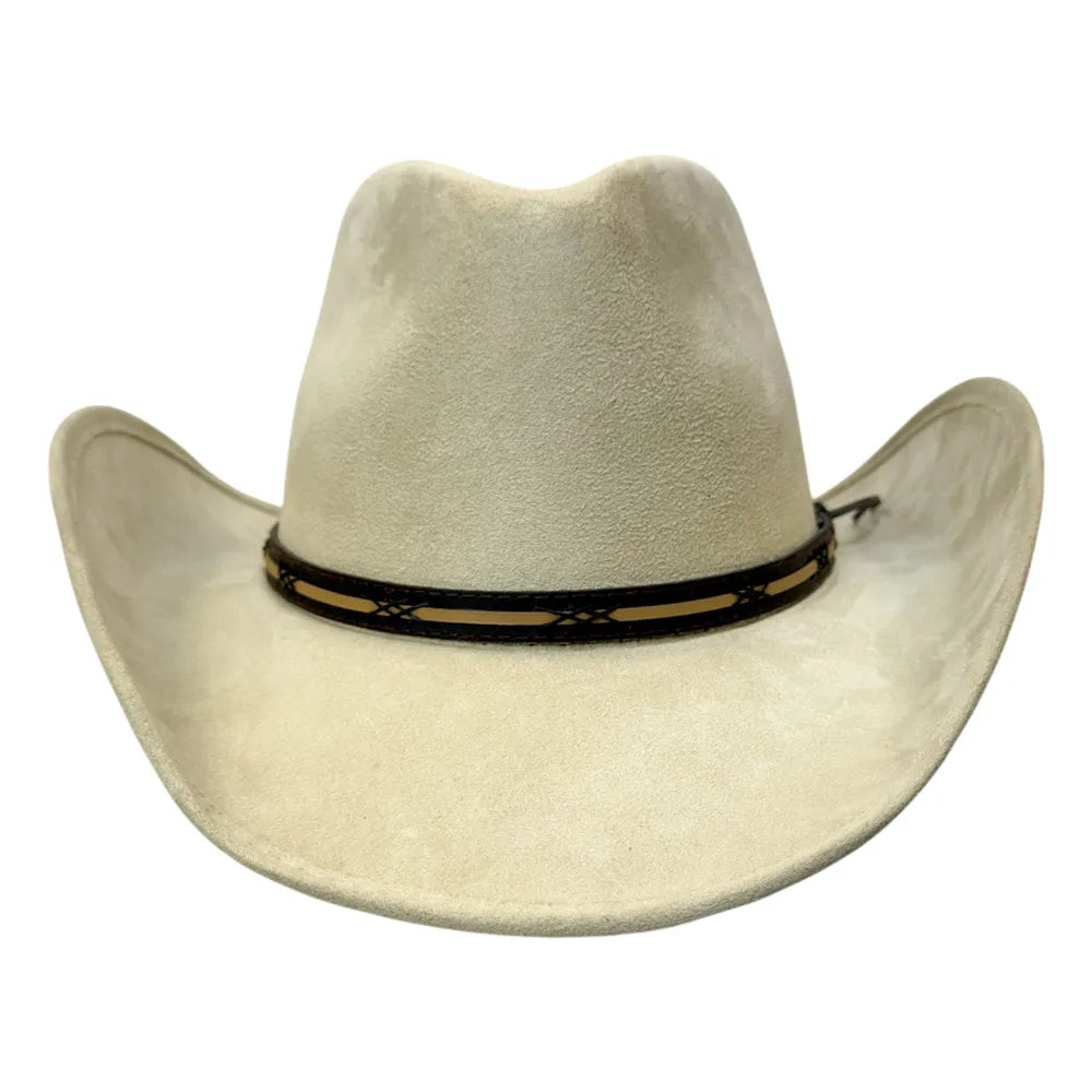 A light beige cowboy hat with a black and tan decorative band around the crown, shown against a plain white background.
