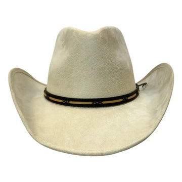 A light beige cowboy hat with a black and tan decorative band around the crown, shown against a plain white background.